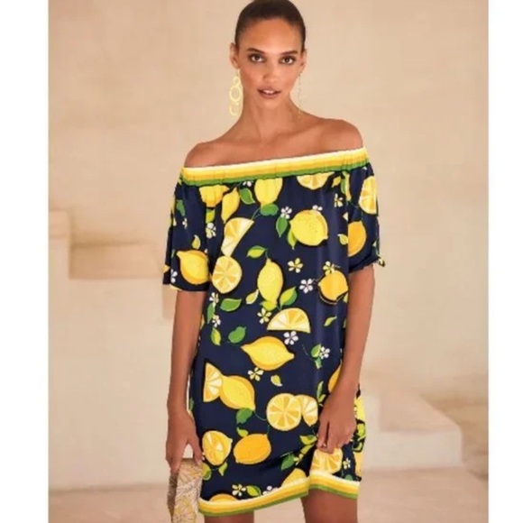 NWT Trina Turk lemon dress medium off the shoulder navy yellow - Picture 1 of 8